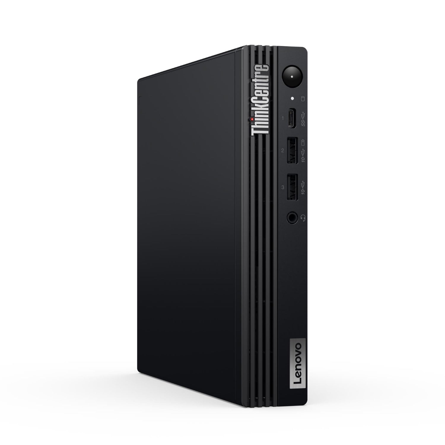 Mini PC Lenovo 12TD0073IX - angolazione laterale frontale che mostra il design sottile e le porte di connessione frontali.