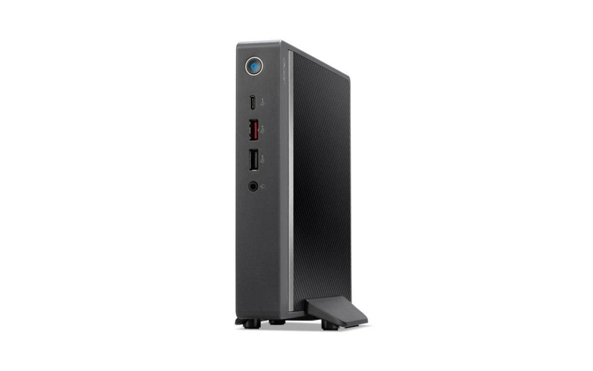 Vista angolata del mini PC ACER DT.R3PET.005 in posizione verticale, modello 19597 con design moderno e compatto
