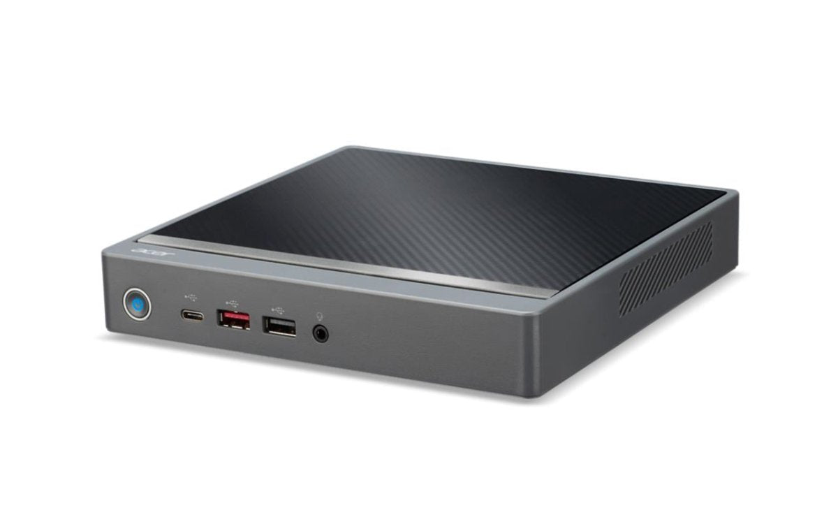 ACER DT.R3PET.005 19597 in posizione orizzontale con finitura elegante e porte frontali, computer desktop compatto per ogni esigenza