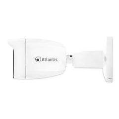 Vista laterale della telecamera di sicurezza IP67 Atlantis A11-UX1014A-BP, design compatto per montaggio su parete in ambienti esterni.