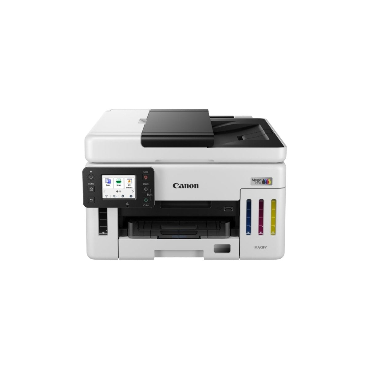 Vista frontale della Canon 26689 - CANON 6882C006 con serbatoi MegaTank pieni e display attivo, ottima per ambienti professionali.