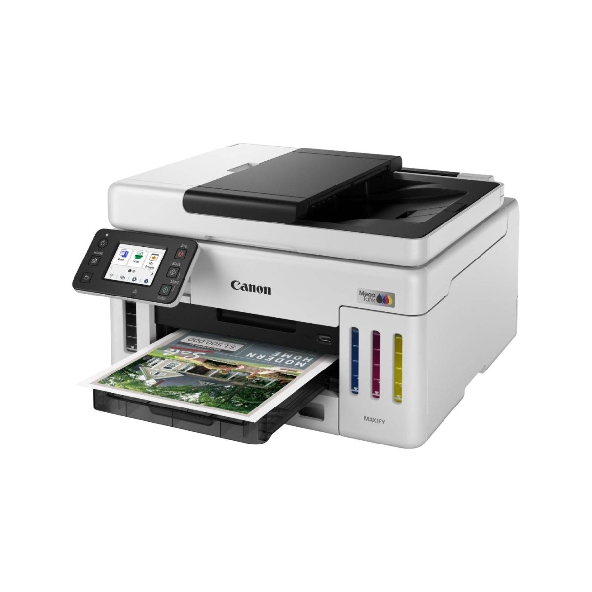 Canon 26689 - CANON 6882C006 con stampa in corso, serbatoi visibili e design compatto per uso domestico e aziendale.