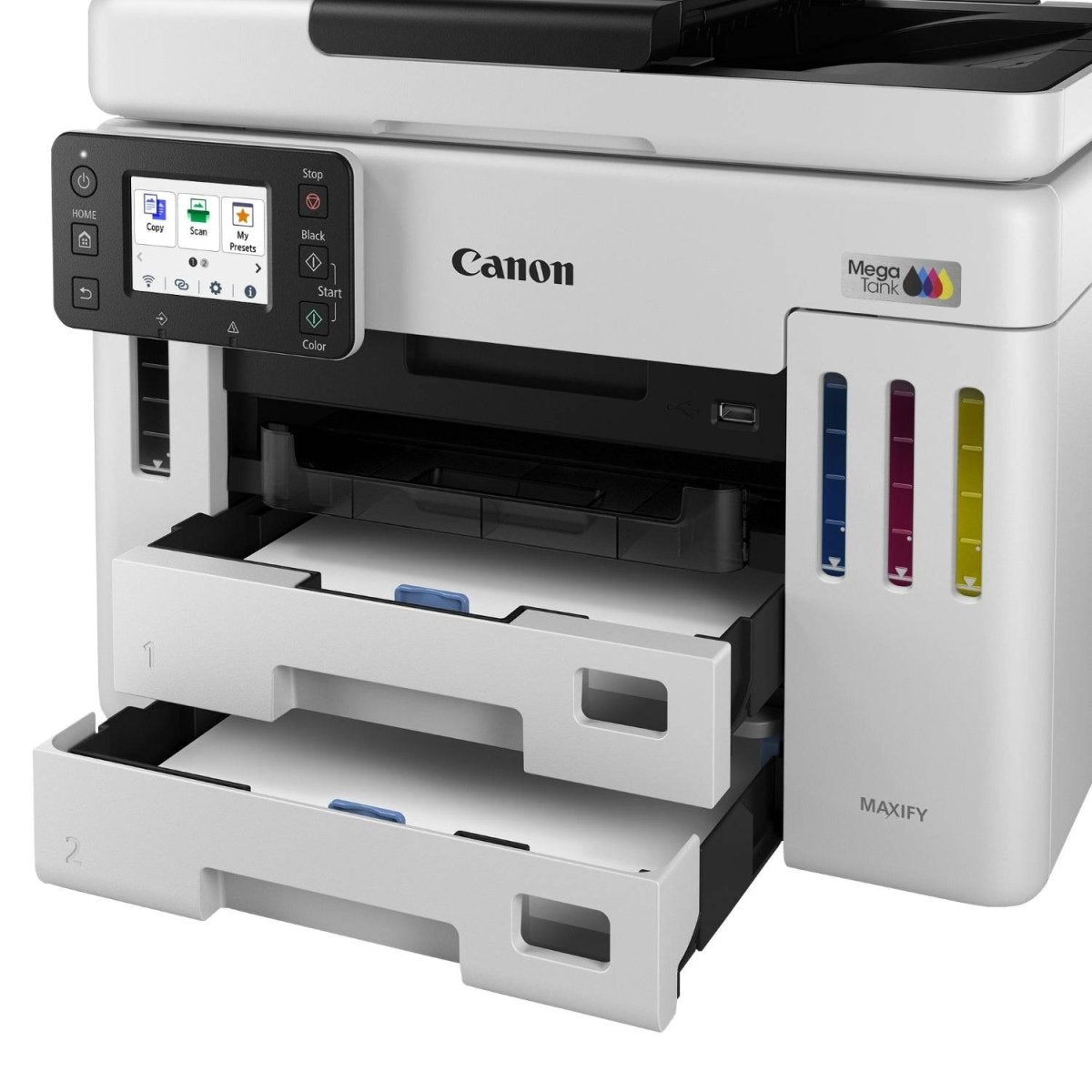 Canon 26690 - CANON 6880C006 con cassetti carta aperti e serbatoi inchiostro visibili per ricarica facile