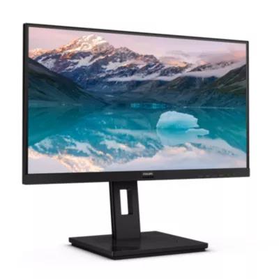 Vista angolata del monitor Philips 222S9JML/00 con schermo da 22'' e supporto regolabile, perfetto per postazioni di lavoro ergonomiche.