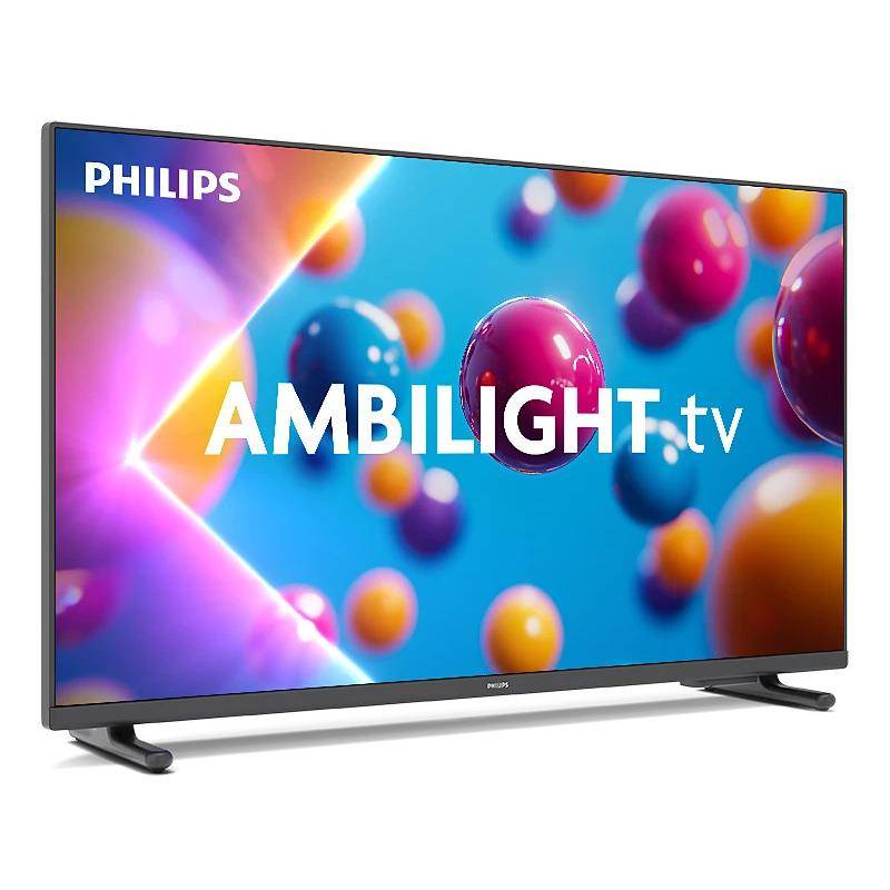 Vista angolata del PHILIPS 32PFS6900/12 con Ambilight, design sottile e supporto stabile, perfetto per ogni ambiente.