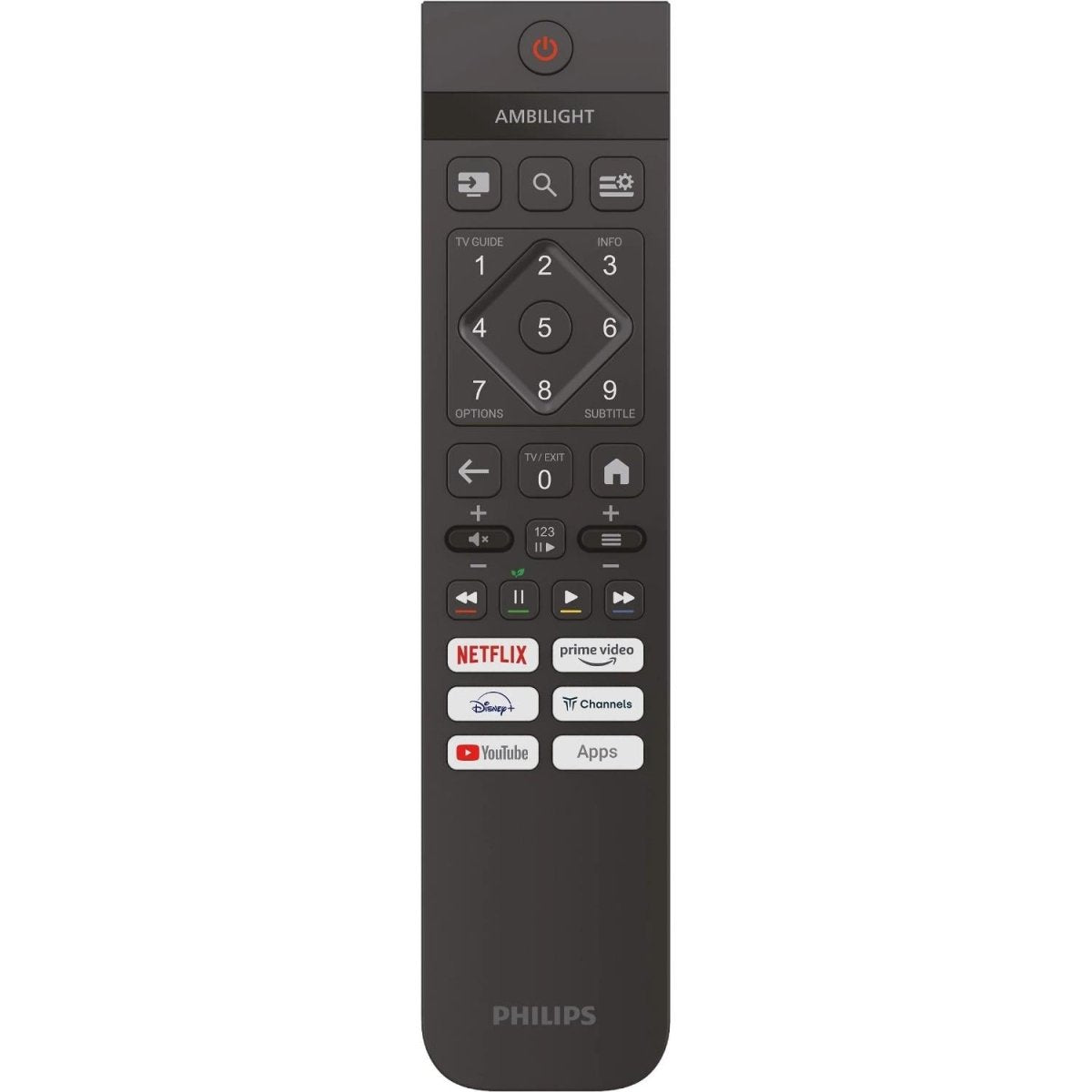 Telecomando PHILIPS 32PFS6900/12 con tasti dedicati per Netflix, Prime Video, Disney+ e YouTube, perfetto per lo streaming rapido.