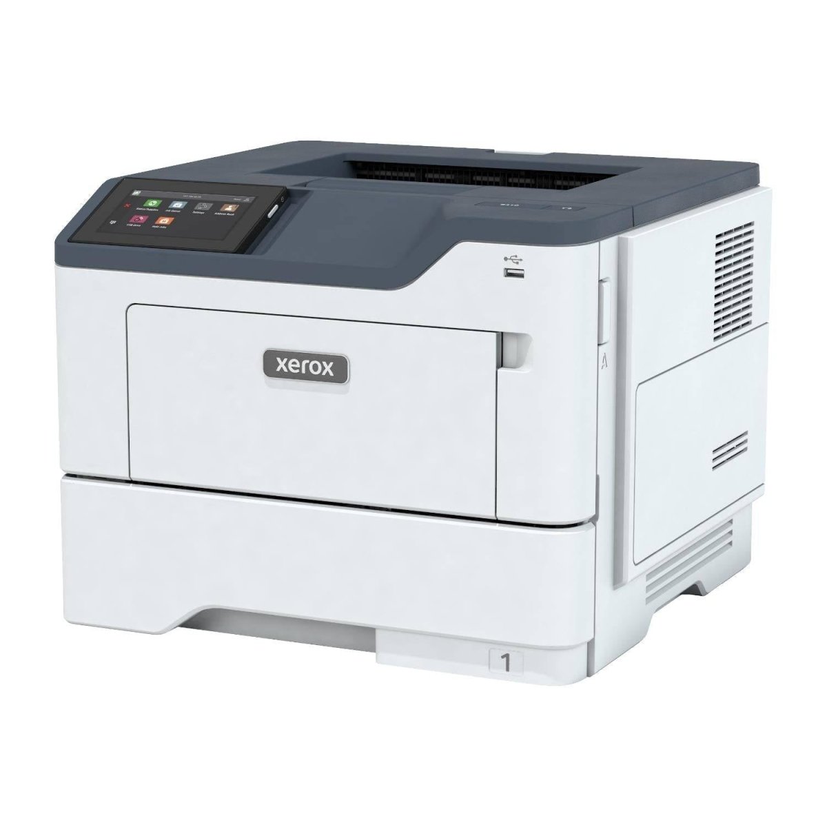 Angolazione laterale della stampante Xerox B410V_DN 29937, con porta USB frontale e struttura robusta per ambienti lavorativi intensi.