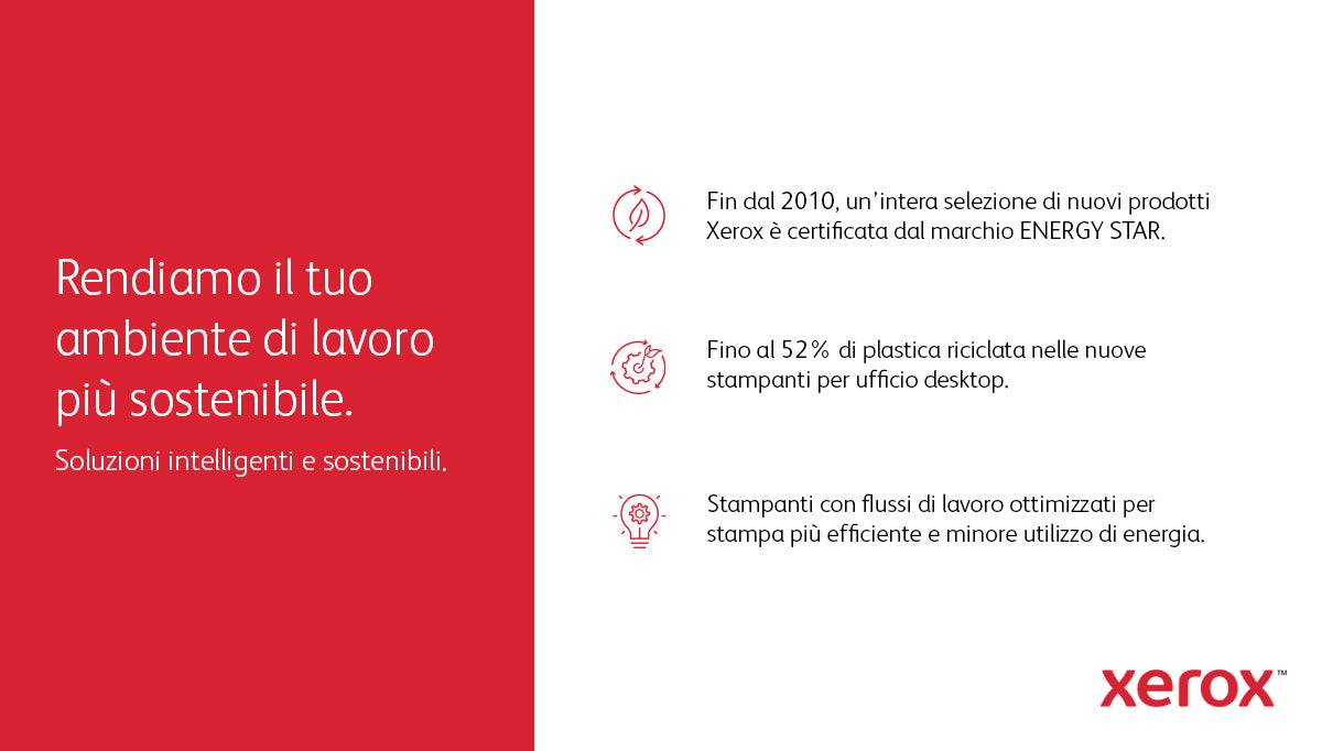 Infografica sulla sostenibilità della Xerox B410V_DN 29937 con uso di plastica riciclata e flussi di lavoro a basso consumo energetico.