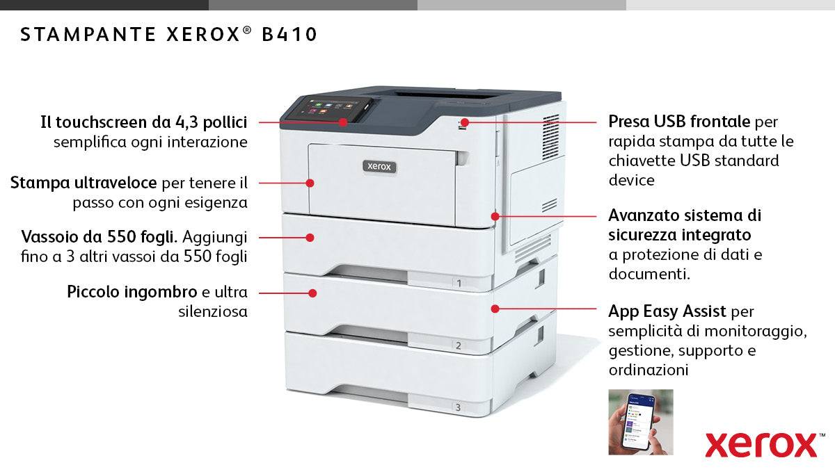 Infografica della stampante Xerox B410 con dettagli su touchscreen, vassoio da 550 fogli, USB frontale e sistema di sicurezza integrato.