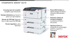 Infografica della stampante Xerox B410 con dettagli su touchscreen, vassoio da 550 fogli, USB frontale e sistema di sicurezza integrato.