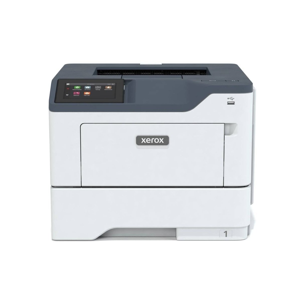 Vista frontale della stampante Xerox B410V_DN 29937, con pannello di controllo touchscreen e design salvaspazio per uso aziendale.