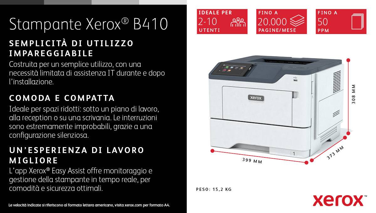 Scheda tecnica della stampante Xerox B410V_DN 29937 con velocità di stampa 50 ppm, ideale per 2-10 utenti e fino a 20.000 pagine/mese.
