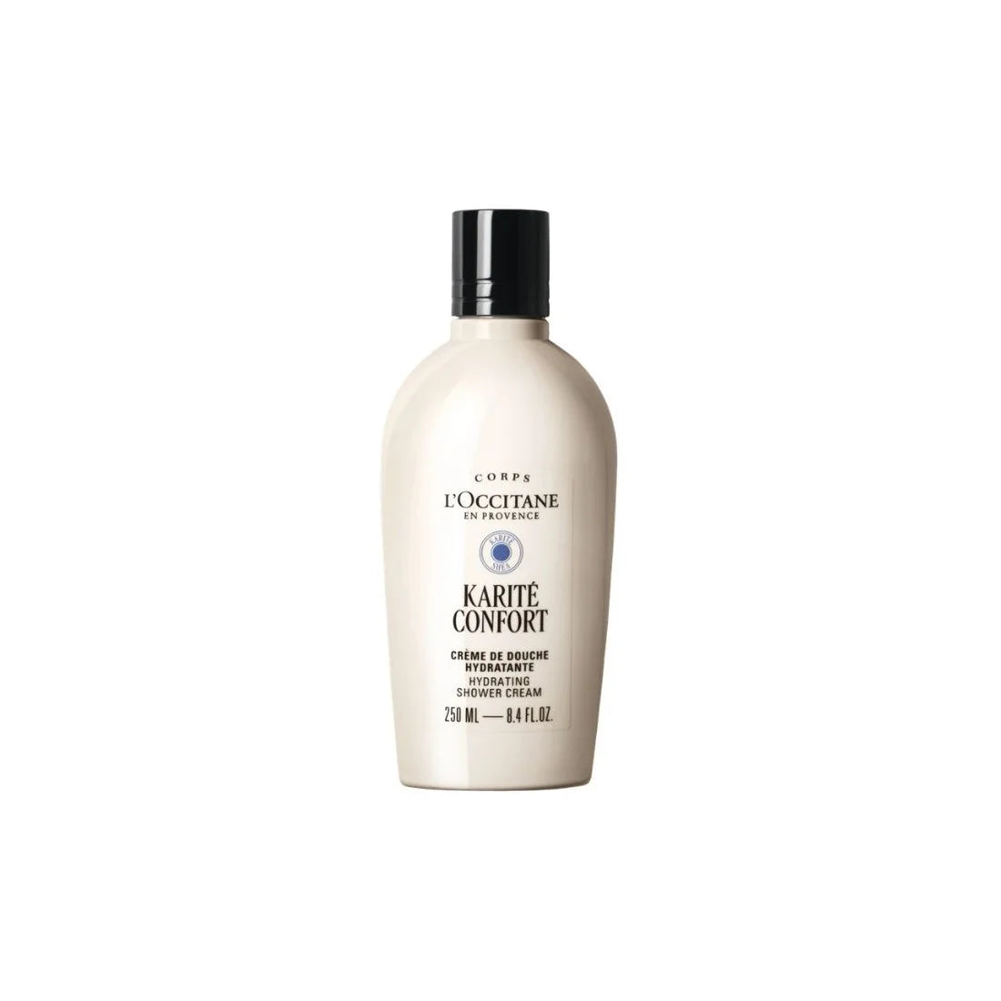 Crema doccia idratante L'Occitane Karité da 250ml, arricchita con burro di karité per pelle morbida e nutrita.