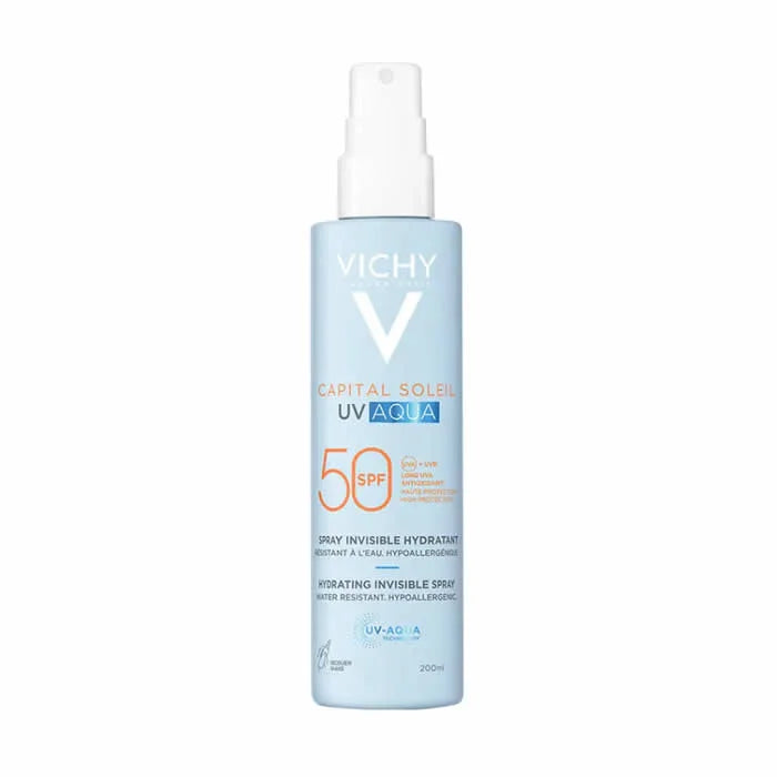 Vichy Capital Soleil Spray Invisibile Idratante SPF50, protezione solare leggera e idratante in formato da 200ml.