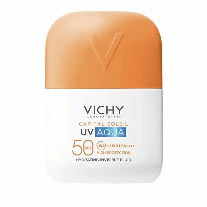 Fluido idratante invisibile Vichy Capital Soleil SPF 50+ da 50ml, protezione solare leggera e fresca per la pelle.
