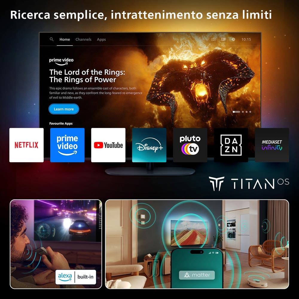 Interfaccia utente del PHILIPS 50PUS8510/12 con Titan OS, supporto Alexa, Matter e app streaming per TV smart 4K QLED Ambilight