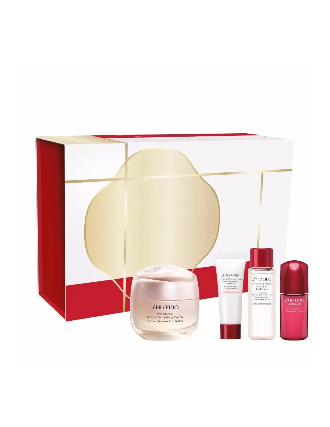 Crema levigante anti-rughe Shiseido Benefiance in un elegante astuccio con 4 pezzi per una pelle liscia e radiosa.