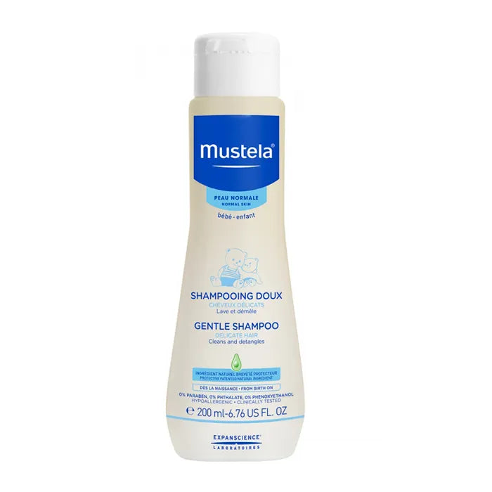 Shampoo Delicato Mustela 200ml, ideale per la cura dei capelli dei bambini, nutre e protegge il cuoio capelluto.
