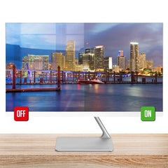 PC all-in-one ATLANTIS A25-Z27-W5 con confronto qualità immagine ON/OFF, evidenzia la nitidezza dello schermo in ambienti luminosi.