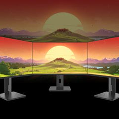 Configurazione triplo monitor ATLANTIS A05-HX27IFD-HCM con display panoramico 27'' per postazioni gaming o lavoro multitasking.