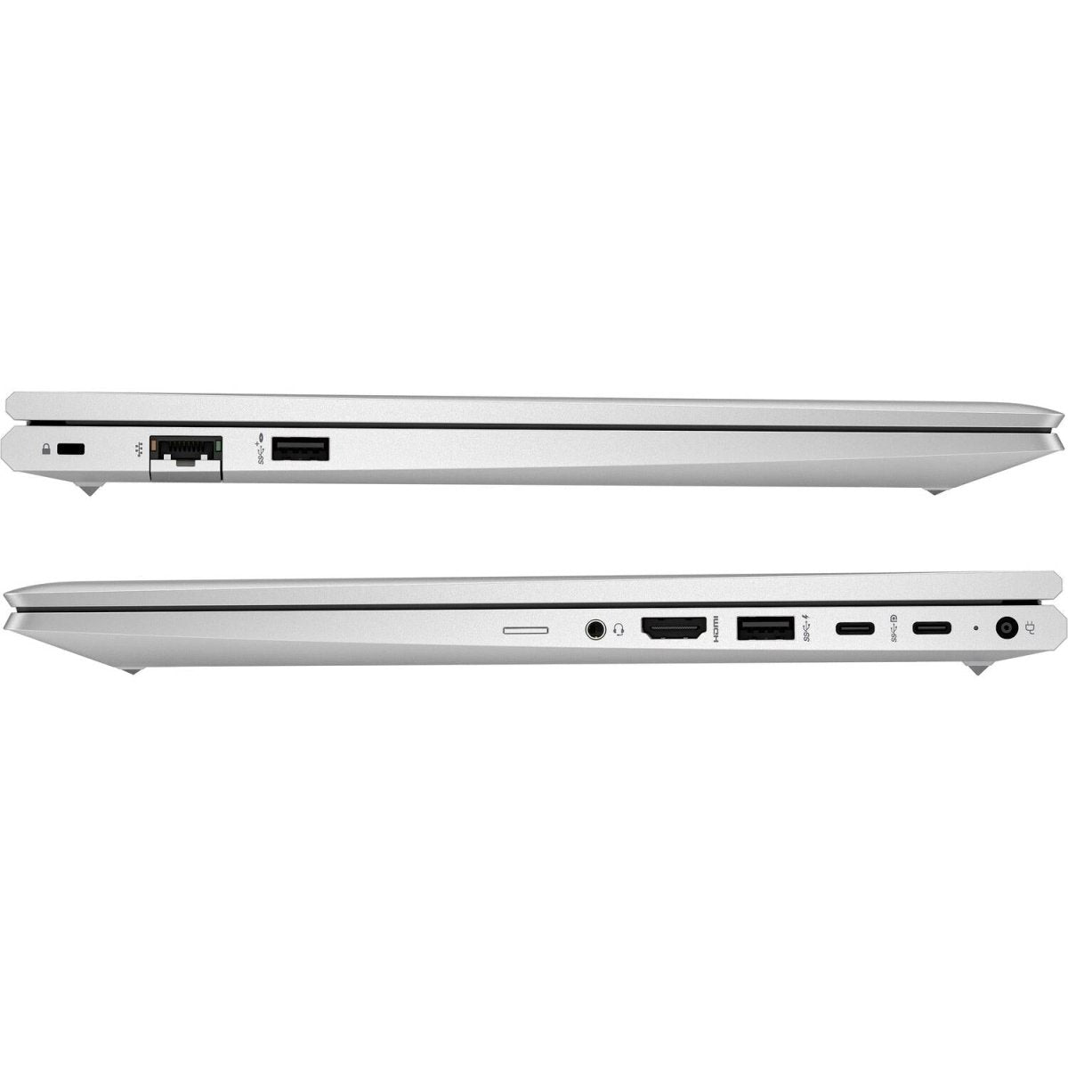 Profilo laterale del laptop HP 37678 - HP B2NK8ES con porte USB, HDMI, Ethernet e jack audio, design sottile in argento