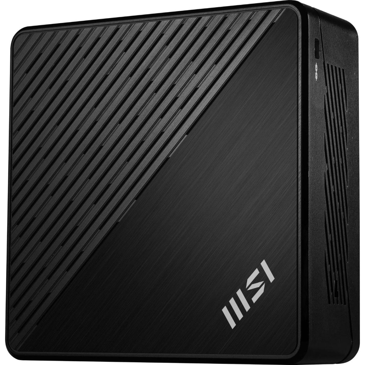 Mini PC barebone MSI Cubi N ADL-002BEU con connettività frontale USB e pulsante di accensione, soluzione compatta per l'elettronica da ufficio.