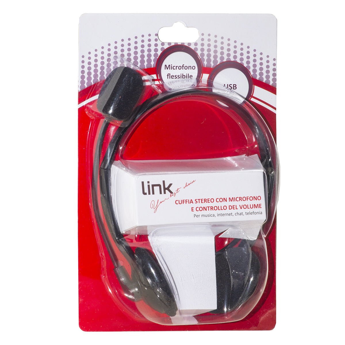 Confezione retail delle cuffie LINK LKHS01 Wired con microfono flessibile e controllo volume, compatibili USB per uso multimediale e telefonia.