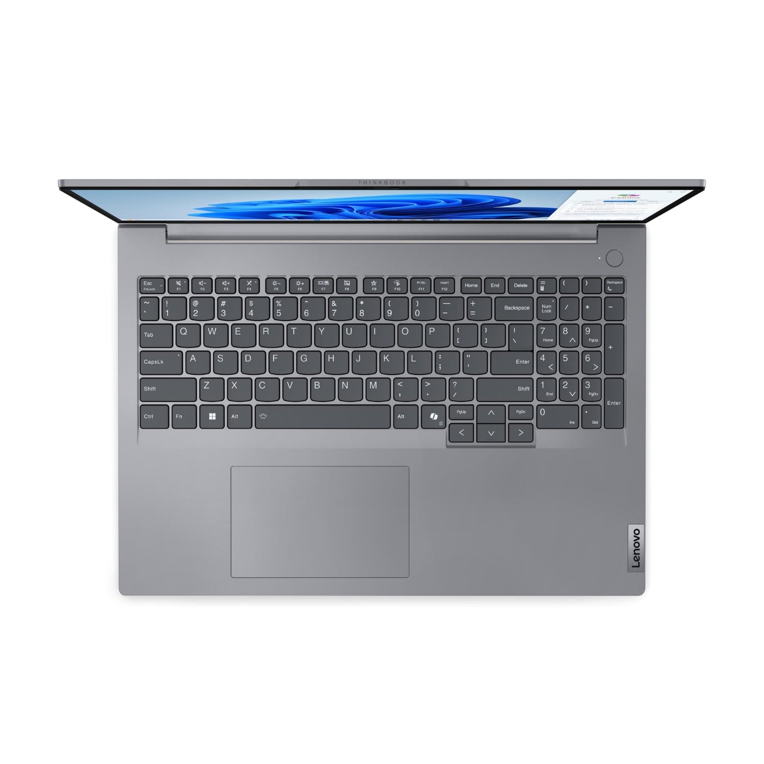 Vista dall'alto del LENOVO 21MWS02T00 con tastiera full-size e touchpad ampio, laptop con AMD Ryzen 5, 16 GB RAM e 512 GB SSD.