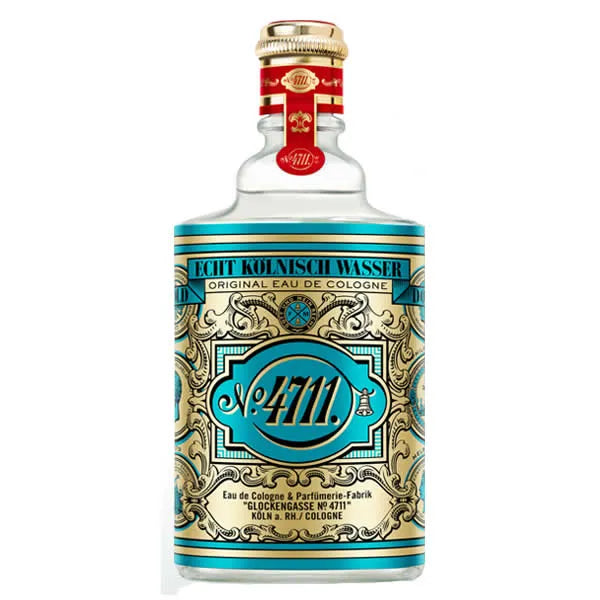 Flacone di Eau de Toilette di 4711 con etichetta turchese e oro decorata e tappo dorato.