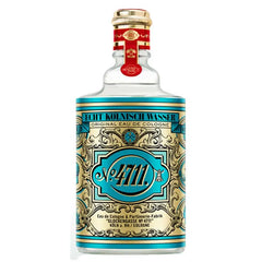 Flacone di Eau de Toilette di 4711 con etichetta turchese e oro decorata e tappo dorato.