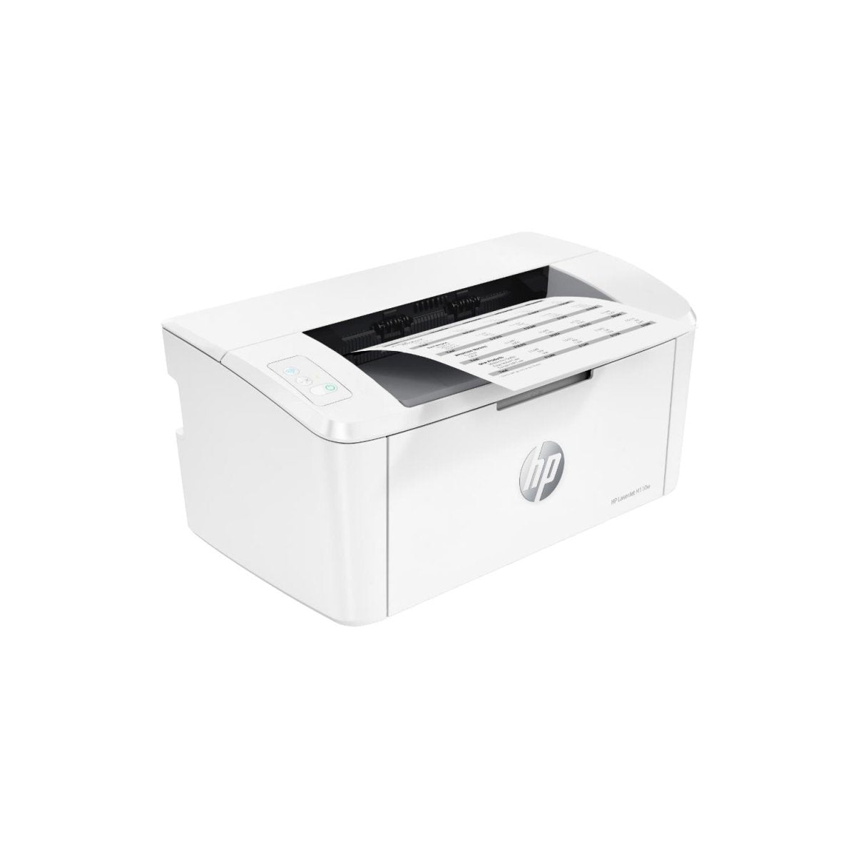 Vista angolata della stampante HP 40372 - HP 7MD66F LaserJet M110w con foglio in uscita, design moderno e compatto per uso quotidiano.