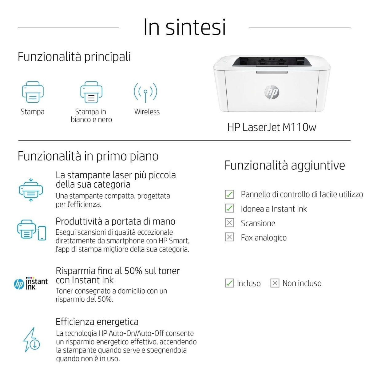 Panoramica funzionalità della stampante HP 40372 - HP 7MD66F con stampa wireless, Instant Ink e risparmio energetico Auto-On/Auto-Off.
