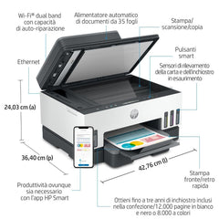 Vista dettagliata della HP 41199 - HP 28B75A con funzionalità smart, Wi-Fi dual band, alimentatore automatico e stampa fronte/retro per ufficio.