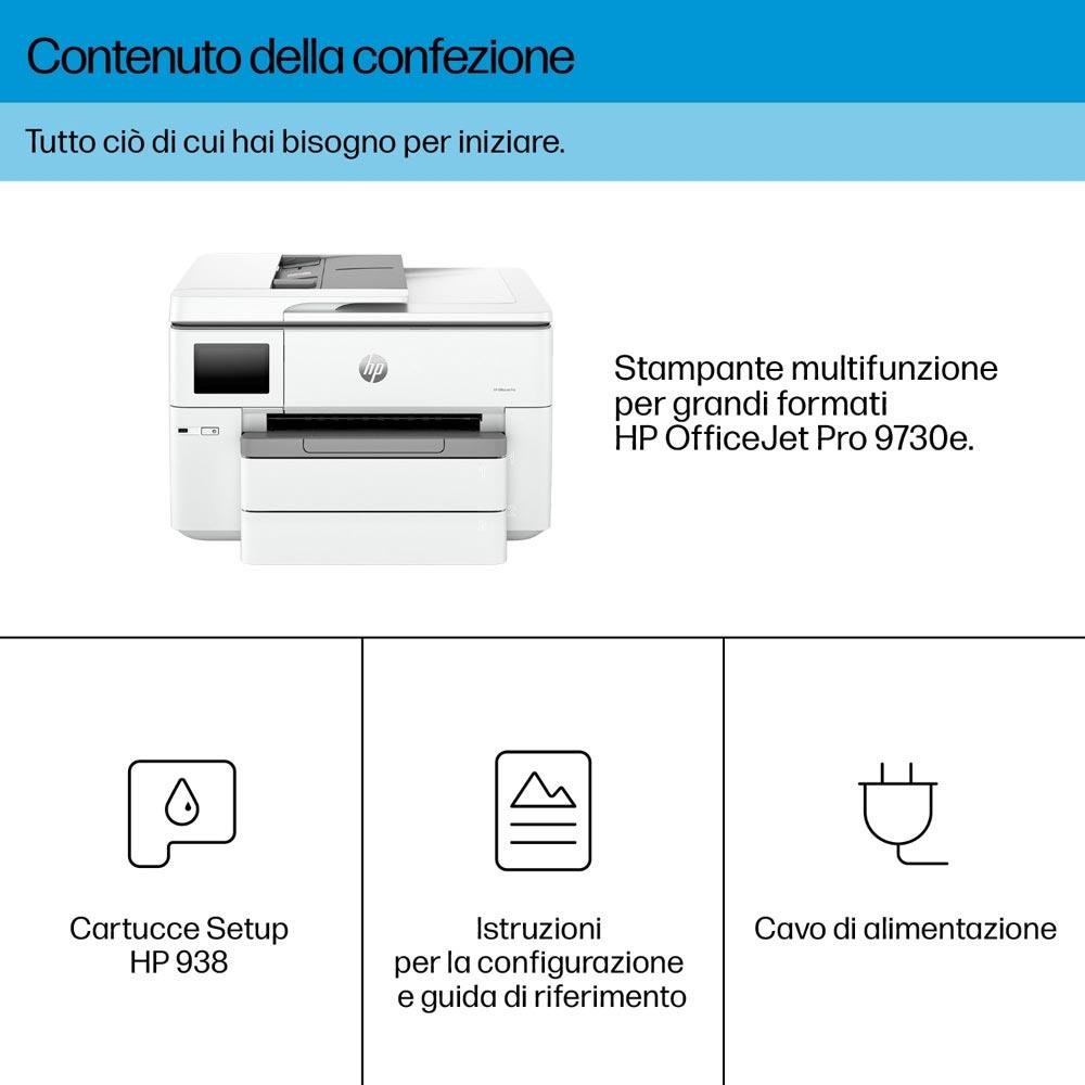 Contenuto confezione HP 47292 - HP 537P6B: stampante multifunzione, cartucce setup HP 938, cavo alimentazione e guida rapida.