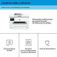 Contenuto confezione HP 47292 - HP 537P6B: stampante multifunzione, cartucce setup HP 938, cavo alimentazione e guida rapida.