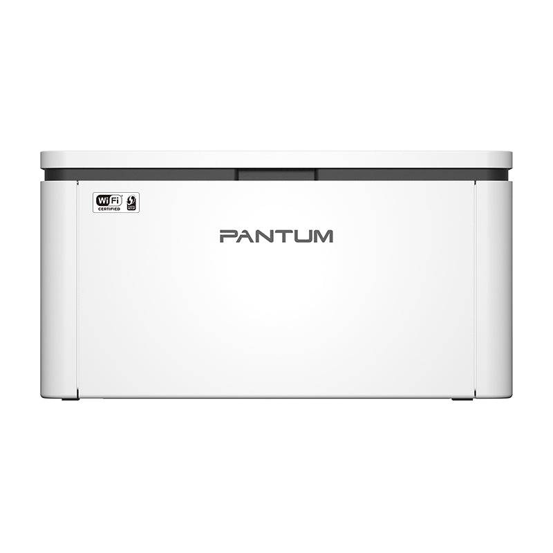 Vista posteriore della stampante PANTUM 47448 - PANTUM 301121100201 con logo Wi-Fi, design minimal per spazi di lavoro moderni.