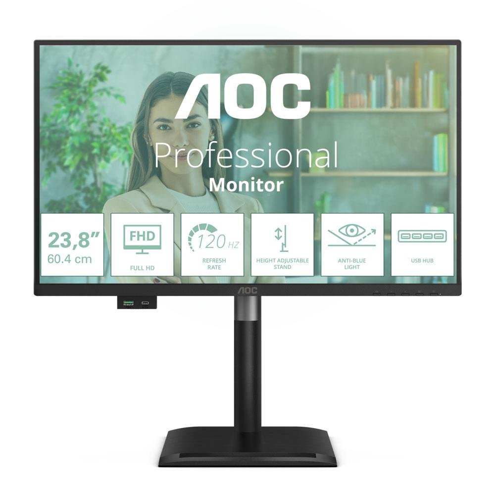 Monitor AOC 24P4U con supporto regolabile in altezza, tecnologia anti luce blu e porte USB, perfetto per una visualizzazione di alta qualità.