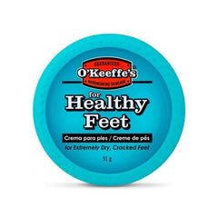 Crema piedi in barattolo rotondo blu turchese di O'Keeffe's, con etichetta che indica "for Healthy Feet", "for Extremely Dry, Cracked Feet" e "91 g".