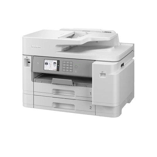 Stampante Brother MFCJ5955DWRE1 multifunzione bianca, con doppio cassetto e pannello touch, ideale per stampa e scansione in ambienti professionali.