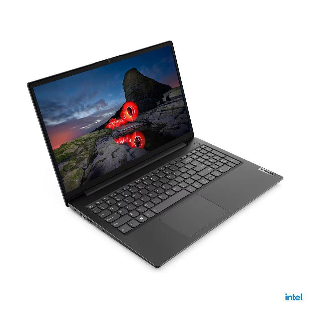 Vista angolata del notebook LENOVO 62892 - LENOVO 83A1008UIX con schermo acceso e tastiera nera, ideale per schede prodotto tech.
