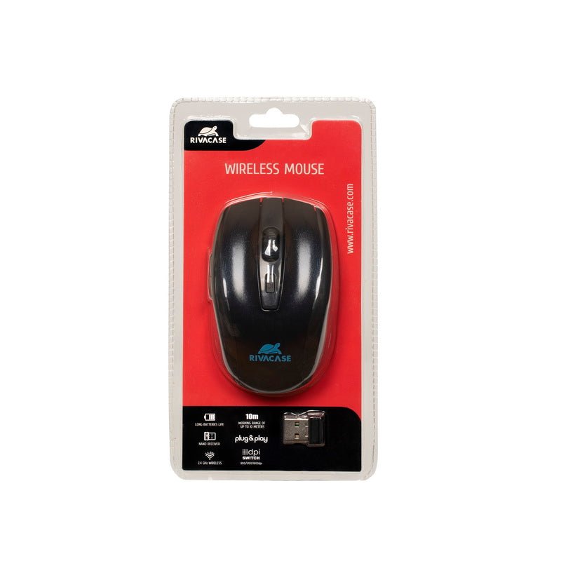 Mouse wireless RIVACASE in confezione blister, compatibile con custodia R8038BL per notebook 15.6", connessione USB e design ergonomico.