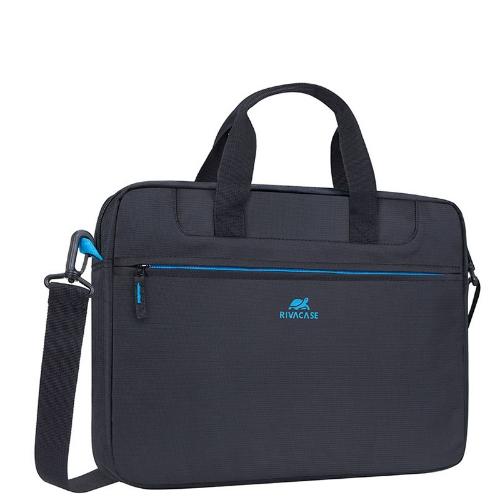 Custodia per computer RIVACASE R8027BL 14" con zip frontale e logo azzurro. Tracolla regolabile inclusa per un trasporto confortevole.