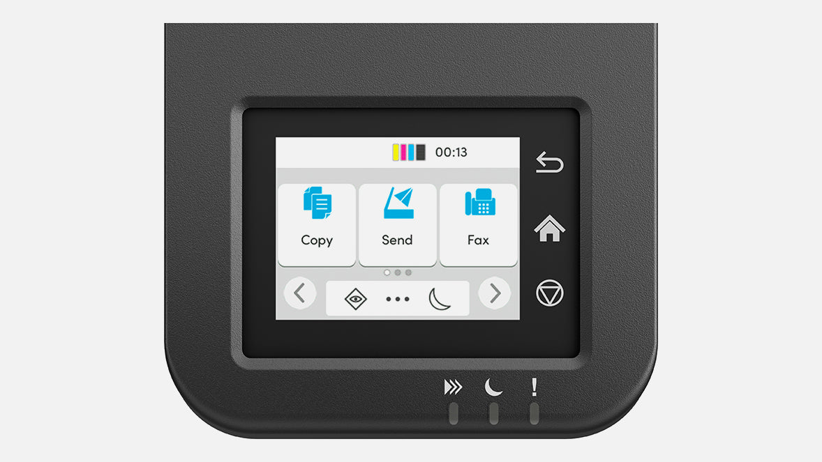 Dettaglio del display touch a colori della KYOCERA 110C223NL0 con interfaccia intuitiva per copia, invio e fax, elettronica da ufficio.