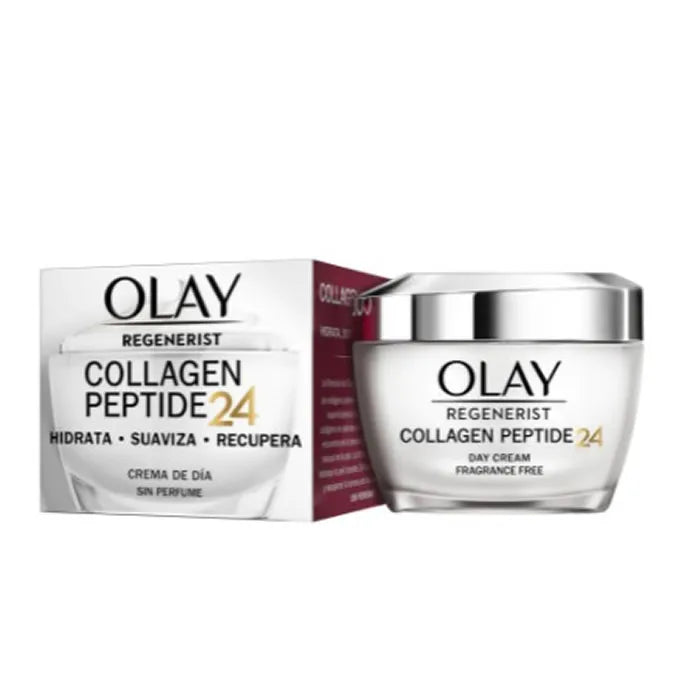 Crema giorno Collagen Peptide 24 senza profumo di Olay, in vaso bianco con coperchio argentato e la sua scatola.