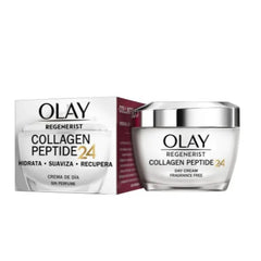 Crema giorno Collagen Peptide 24 senza profumo di Olay, in vaso bianco con coperchio argentato e la sua scatola.