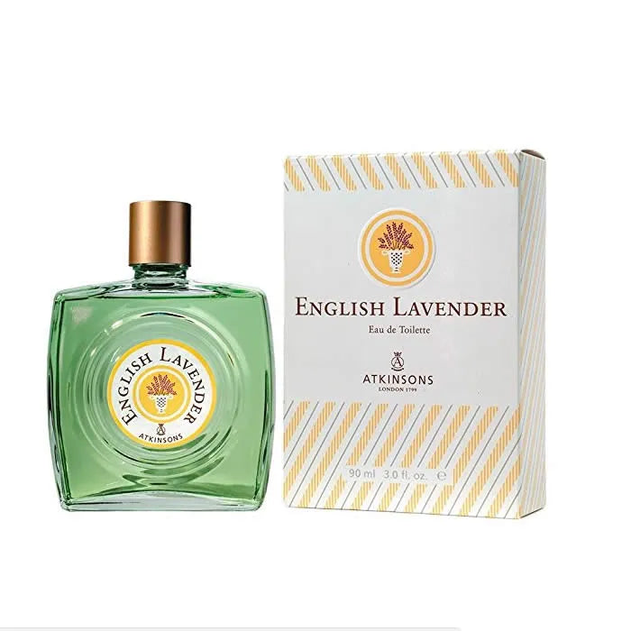 Eau de toilette verde di Atkinsons in flacone di vetro con tappo dorato e scatola bianca a righe gialle.