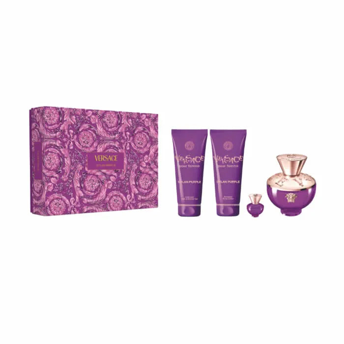 Profumo Versace Dylan Purple Eau De Parfum Spray 100ml, set elegante con 4 parti, perfetto per ogni occasione.