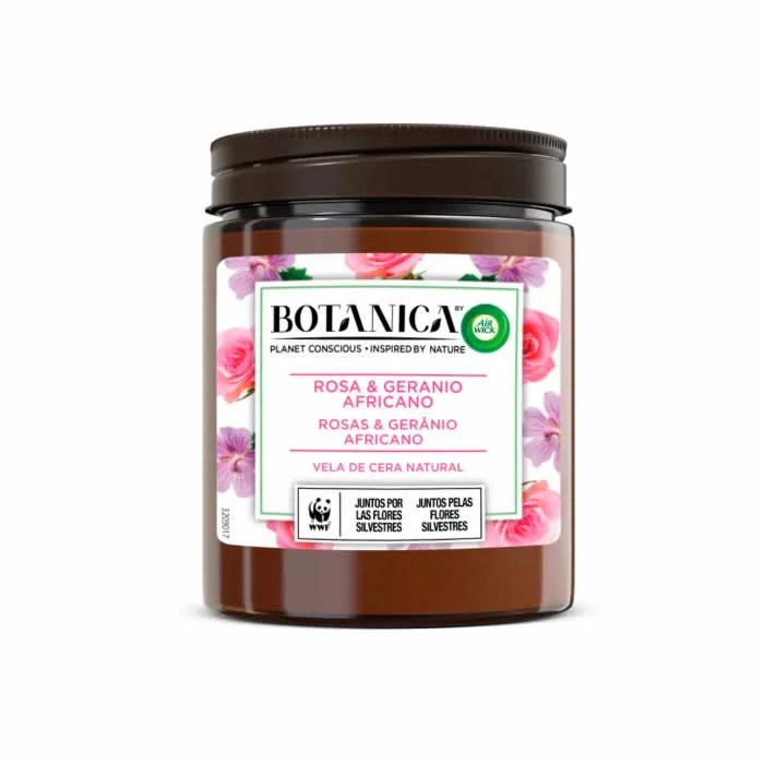 Candela Air Wick Botanica alla Rosa e Geranio, 205g, per un'atmosfera profumata e naturale in casa.
