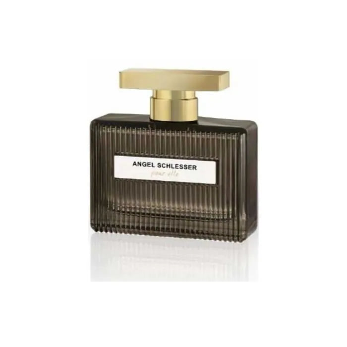 Flacone di profumo in vetro scuro a coste di Angel Schlesser, con tappo rettangolare dorato e etichetta 'pour elle'.