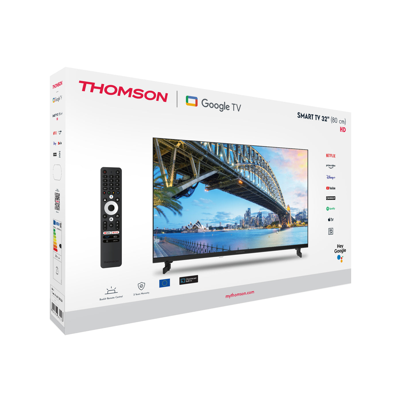 Televisore Thomson 32HG2S15K bianco con montaggio VESA 100x100 mm e supporto per formati audio come AAC e MP3.